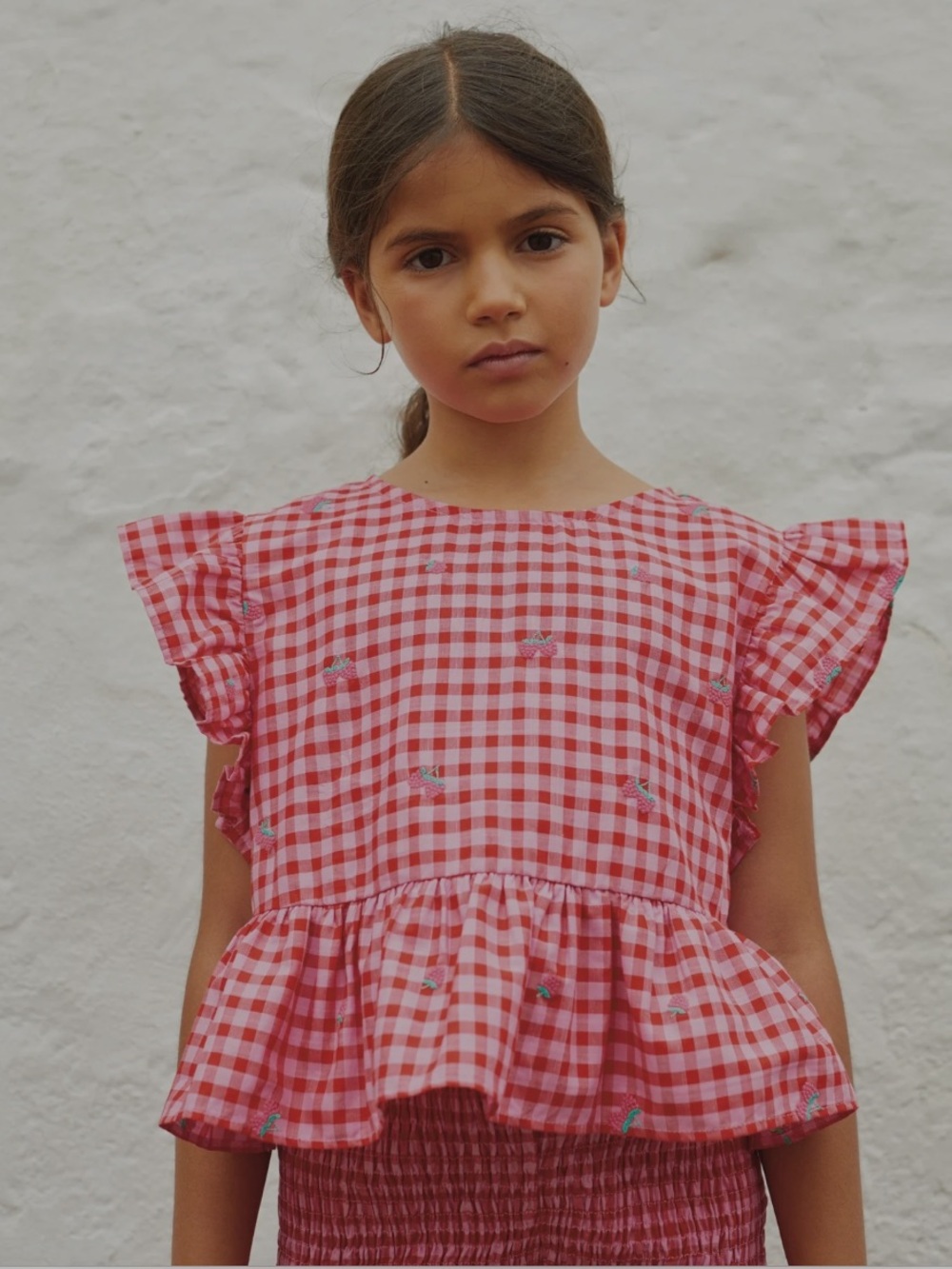 Sweet Gingham Ruffle Blouse for Kids in Pink